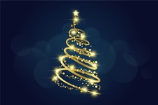 Bouton Arbre de Noël. Sapin doré en spirale sur fond bleu marine.