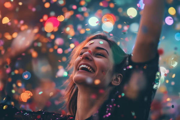 Soirée sans soucis ! femme souriante avec confettis et point de lumière de toutes les couleurs